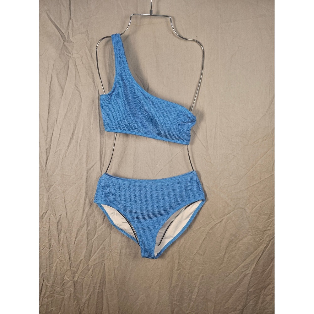Unbranded Blue Crinkle Textured One Shoulder Bikini Set High Waist Small
